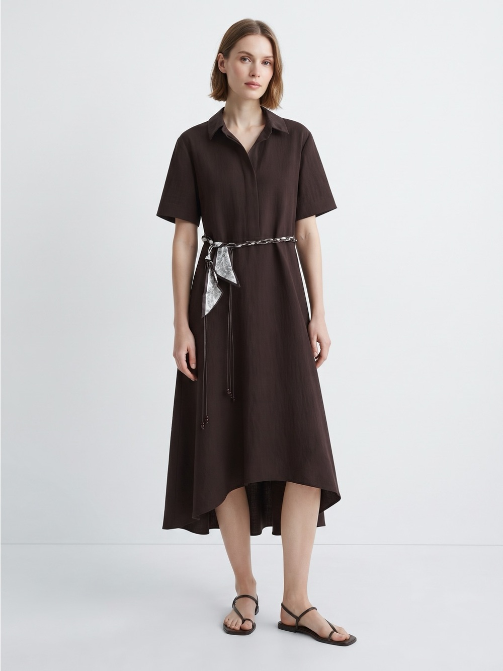 H&M Dark Brown High-Low Shirt Dress with Silver Tie Belt
